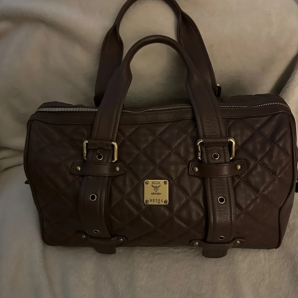 MCM VINTAGE Brown Leather large Boston Bag with Gold Accents